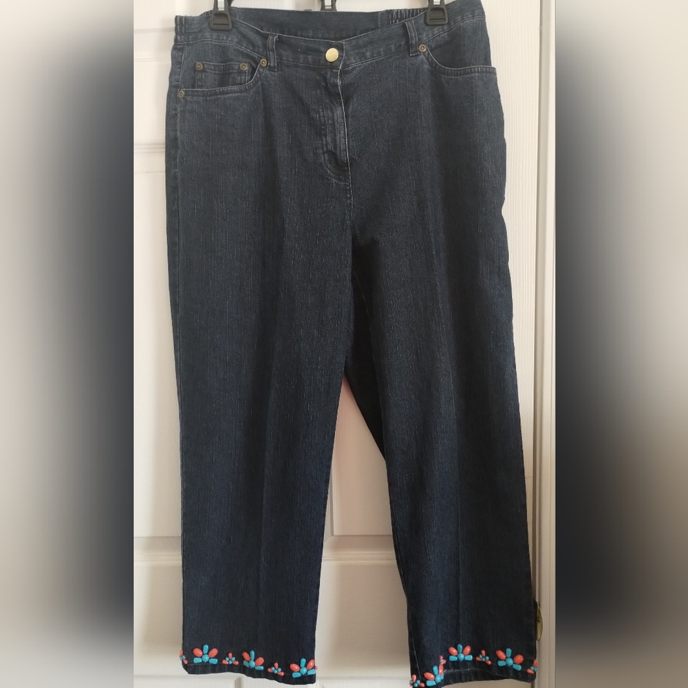 Ruby Rd. Dark Blue Cropped Ankle Jeans With Hemline Beading Detailing